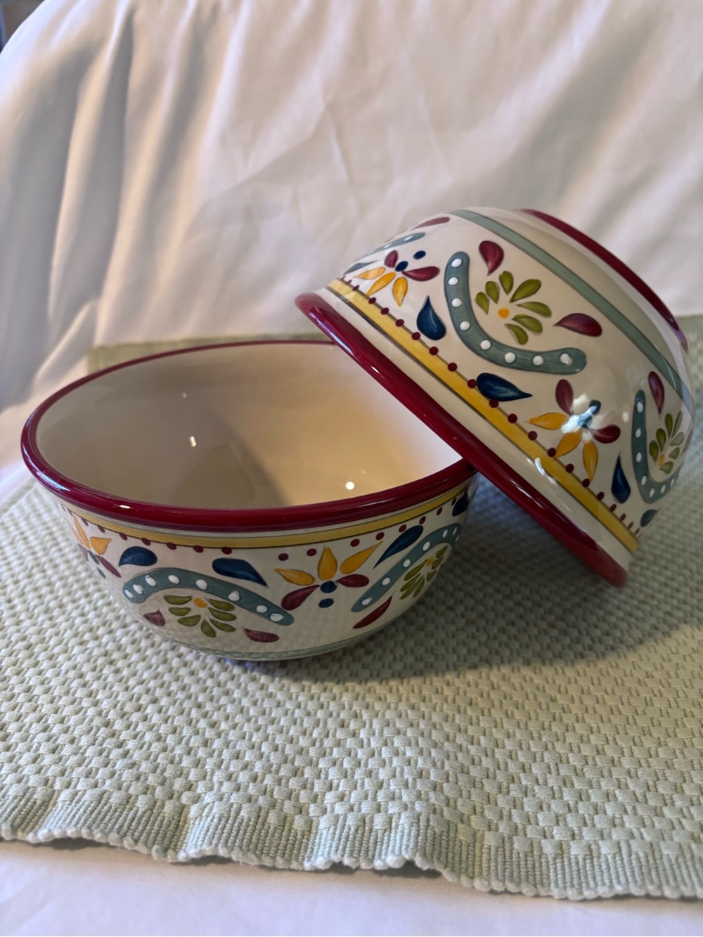 2-Bobby Flay Red Rim Seville Earthenware Bowls Discontinued 3 1/4” Tall 6”Across